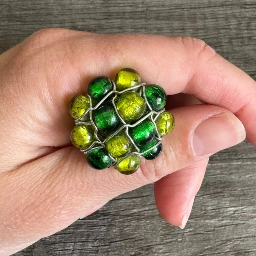 Handmade Wire-Wrapped Stainless Ring with Green & Yellow Glass Beads Size, 5.5